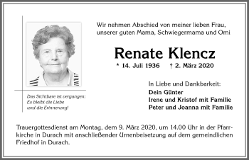 Traueranzeige von Renate Klencz von Allgäuer Zeitung,Kempten