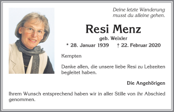 Traueranzeige von Resi Menz von Allgäuer Zeitung