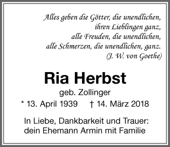 Traueranzeige von Ria Herbst von Allgäuer Zeitung, Kaufbeuren/Buchloe