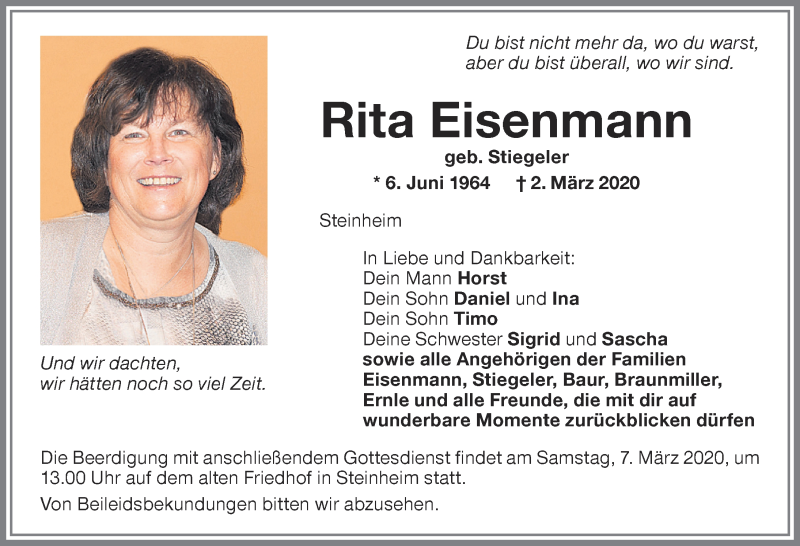  Traueranzeige für Rita Eisenmann vom 05.03.2020 aus Memminger Zeitung