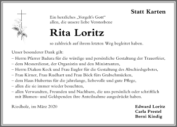 Traueranzeige von Rita Loritz von Der Westallgäuer