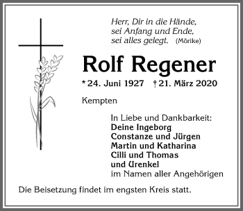 Traueranzeige von Rolf Regener von Allgäuer Zeitung,Kempten