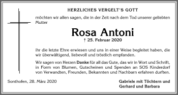 Traueranzeige von Rosa Antoni von Allgäuer Anzeigeblatt