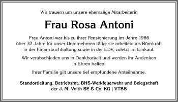 Traueranzeige von Rosa Antoni von Allgäuer Anzeigeblatt