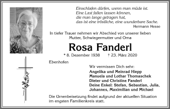 Traueranzeige von Rosa Fanderl von Allgäuer Zeitung, Marktoberdorf