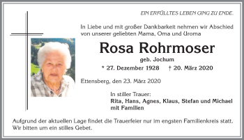 Traueranzeige von Rosa Rohrmoser von Allgäuer Anzeigeblatt