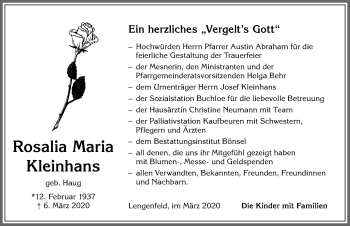 Traueranzeige von Rosalia Maria Kleinhans von Allgäuer Zeitung, Kaufbeuren/Buchloe