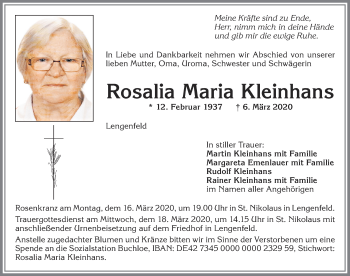 Traueranzeige von Rosalia Maria Kleinhans von Allgäuer Zeitung, Kaufbeuren/Buchloe