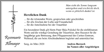 Traueranzeige von Rosemarie Allmayer von Allgäuer Zeitung, Füssen