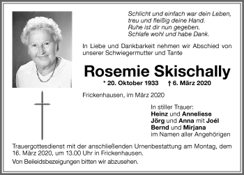 Traueranzeige von Rosemie Skischally von Memminger Zeitung