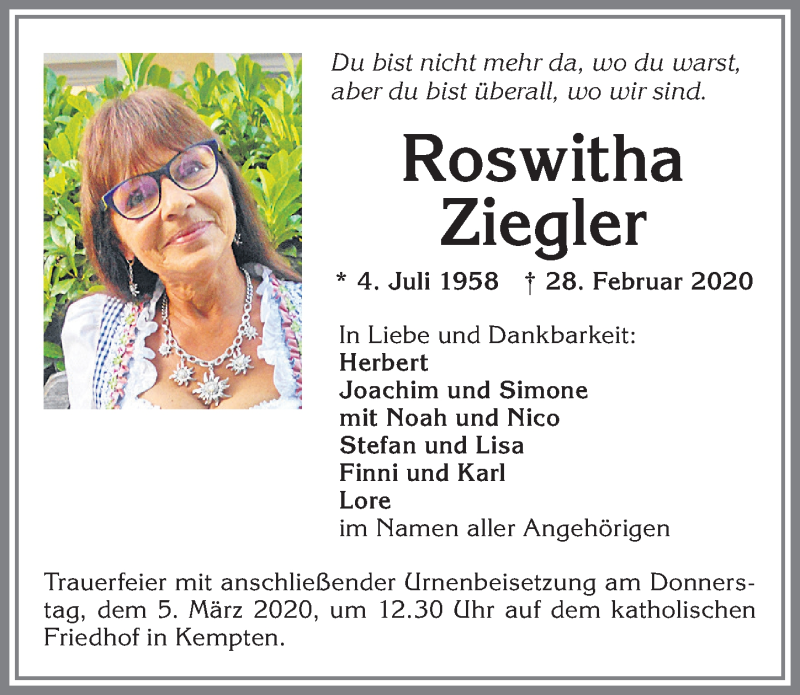  Traueranzeige für Roswitha Ziegler vom 03.03.2020 aus Allgäuer Zeitung,Kempten