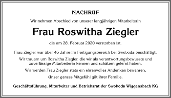 Traueranzeige von Roswitha Ziegler von Allgäuer Zeitung,Kempten