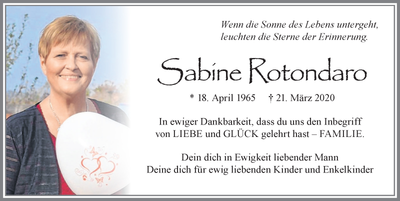  Traueranzeige für Sabine Rotondaro vom 25.03.2020 aus Allgäuer Zeitung, Füssen