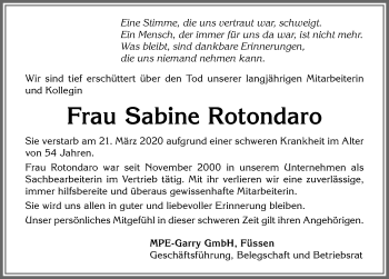 Traueranzeige von Sabine Rotondaro von Allgäuer Zeitung, Füssen