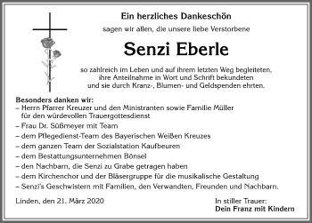Traueranzeige von Senzi Eberle von Allgäuer Zeitung, Kaufbeuren/Buchloe