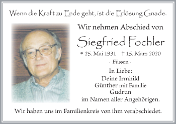Traueranzeige von Siegfried Fochler von Allgäuer Zeitung, Füssen