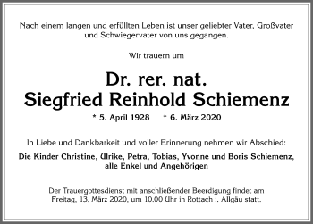 Traueranzeige von Siegfried Reinhold Schiemenz von Allgäuer Anzeigeblatt