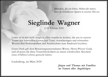 Traueranzeige von Sieglinde Wagner von Der Westallgäuer