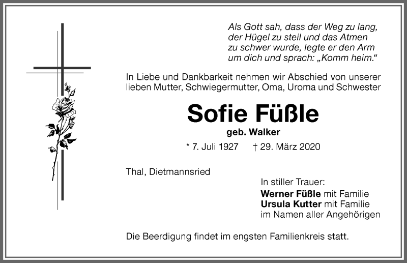  Traueranzeige für Sofie Füßle vom 31.03.2020 aus Memminger Zeitung