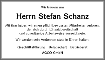 Traueranzeige von Stefan Schanz von Allgäuer Zeitung, Marktoberdorf