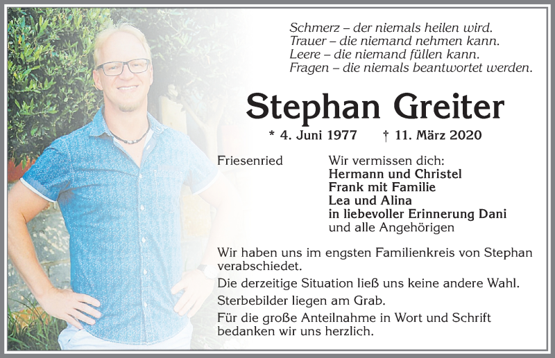  Traueranzeige für Stephan Greiter vom 21.03.2020 aus Allgäuer Zeitung