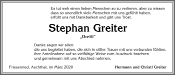 Traueranzeige von Stephan Greiter von Allgäuer Zeitung