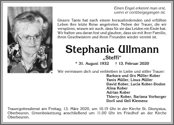 Traueranzeige von Stephanie Ullmann von Allgäuer Zeitung, Kaufbeuren/Buchloe