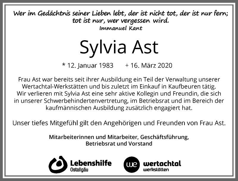  Traueranzeige für Sylvia Ast vom 19.03.2020 aus Allgäuer Zeitung, Kaufbeuren/Buchloe