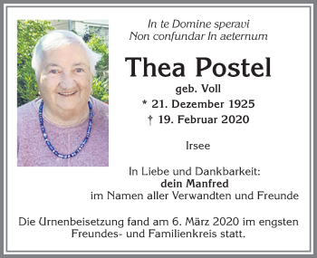 Traueranzeige von Thea Postel von Allgäuer Zeitung, Kaufbeuren/Buchloe