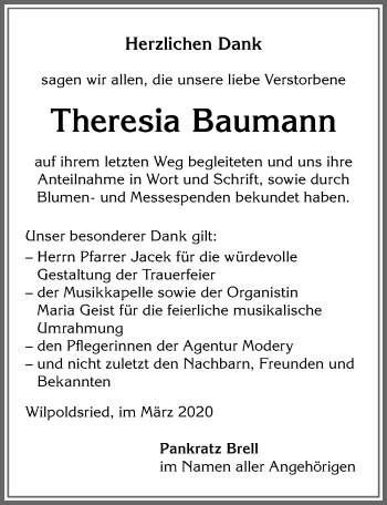 Traueranzeige von Theresia Baumann von Allgäuer Zeitung,Kempten