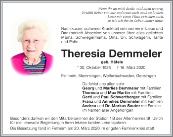 Traueranzeige von Theresia Demmeler von Memminger Zeitung