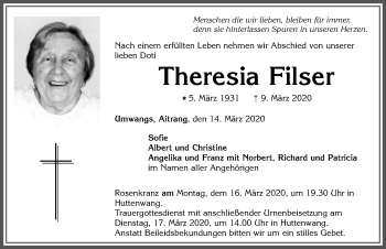 Traueranzeige von Theresia Filser von Allgäuer Zeitung, Marktoberdorf