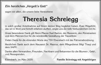 Traueranzeige von Theresia Schreiegg von Allgäuer Zeitung, Marktoberdorf
