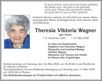 Traueranzeige von Theresia Viktoria Wagner von Allgäuer Zeitung, Kaufbeuren/Buchloe