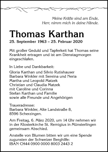 Traueranzeige von Thomas Karthan von Allgäuer Anzeigeblatt