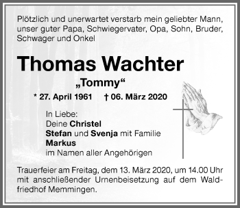 Traueranzeige von Thomas Wachter von Memminger Zeitung