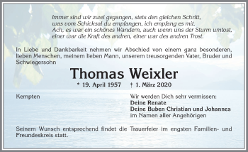 Traueranzeige von Thomas Weixler von Allgäuer Zeitung,Kempten