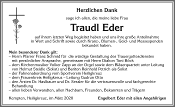Traueranzeige von Traudl Eder von Allgäuer Zeitung,Kempten