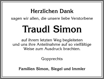Traueranzeige von Traudl Simon von Allgäuer Anzeigeblatt