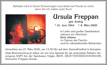 Traueranzeige von Ursula Freppan von Allgäuer Zeitung,Kempten