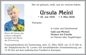 Traueranzeige von Ursula Meinl von Allgäuer Zeitung,Kempten
