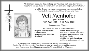 Traueranzeige von Vefi Menhofer von Allgäuer Zeitung