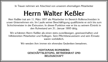 Traueranzeige von Walter Keßler von Allgäuer Zeitung, Marktoberdorf