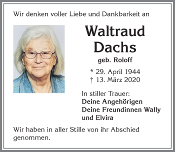 Traueranzeige von Waltraud Dachs von Allgäuer Zeitung,Kempten
