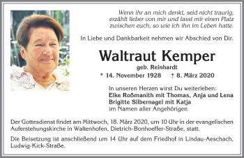 Traueranzeige von Waltraut Kemper von Allgäuer Zeitung,Kempten