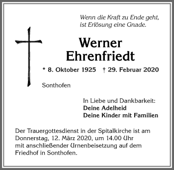 Traueranzeige von Werner Ehrenfriedt von Allgäuer Anzeigeblatt
