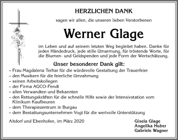 Traueranzeige von Werner Glage von Allgäuer Zeitung, Marktoberdorf