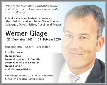 Traueranzeige von Werner Glage von Allgäuer Zeitung, Marktoberdorf