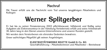 Traueranzeige von Werner Splitgerber von Allgäuer Zeitung, Füssen