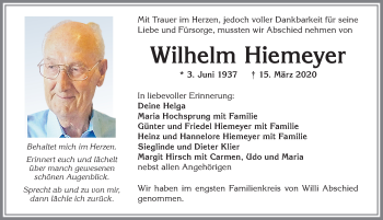 Traueranzeige von Wilhelm Hiemeyer von Allgäuer Zeitung,Kempten